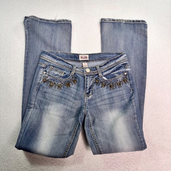 Mudd Denim - Mudd Embellished Bootcut Jeans Size 7 Light Wash Stretch Denim Blue